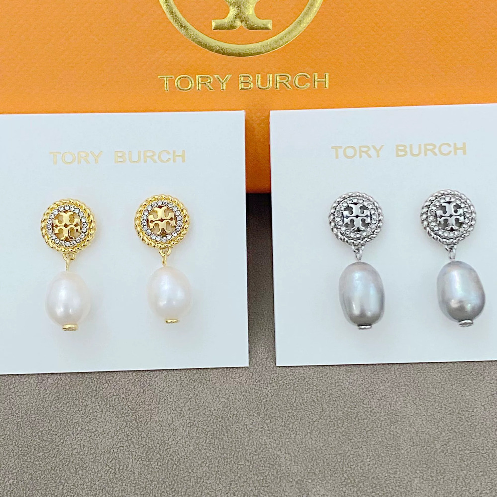 Tory Burch Rhinestone Geometric Round Letter Pearl Earrings